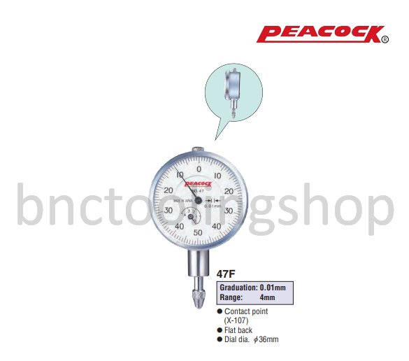 ไดอัลเกจหน้าปัดเล็ก ขนาด 4มิล ความละเอียด 0.01มิล,Miniature Dial Gauges Range 4mm Graduation 0.01mm,Peacock,47F