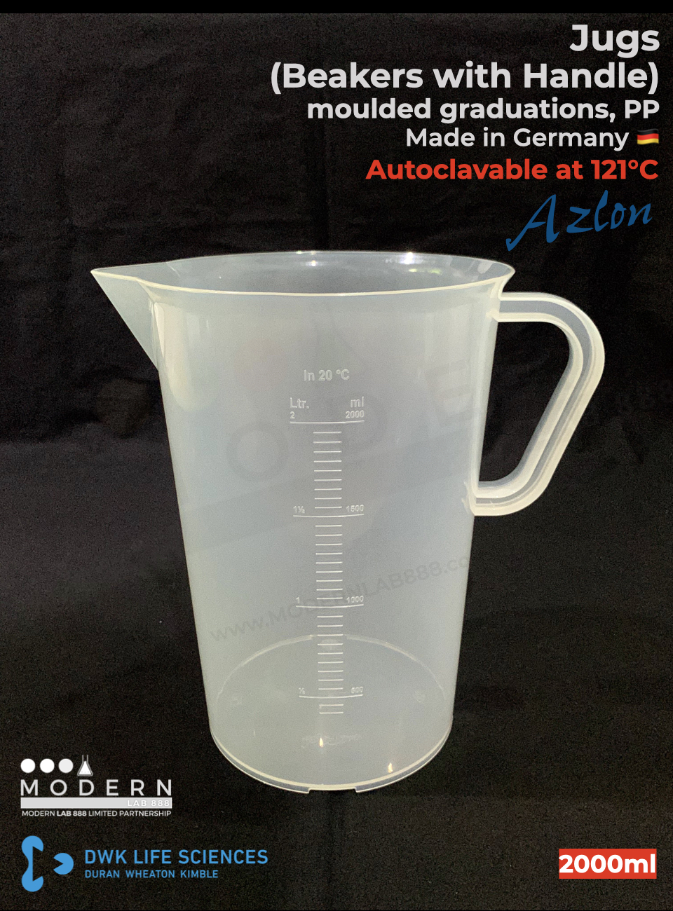 บีกเกอร์มีหูจับ พลาสติก PP แบบสเกลตัวนูน / Jug, moulded graduations, PP, "AZLON"
