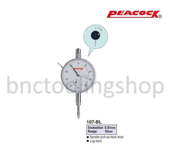 ไดอัลเกจขนาด 10มิล ความละเอียด 0.01มิล,Standard Dial Gauges Range 10mm Graduation 0.01mm,Peacock,107-BL