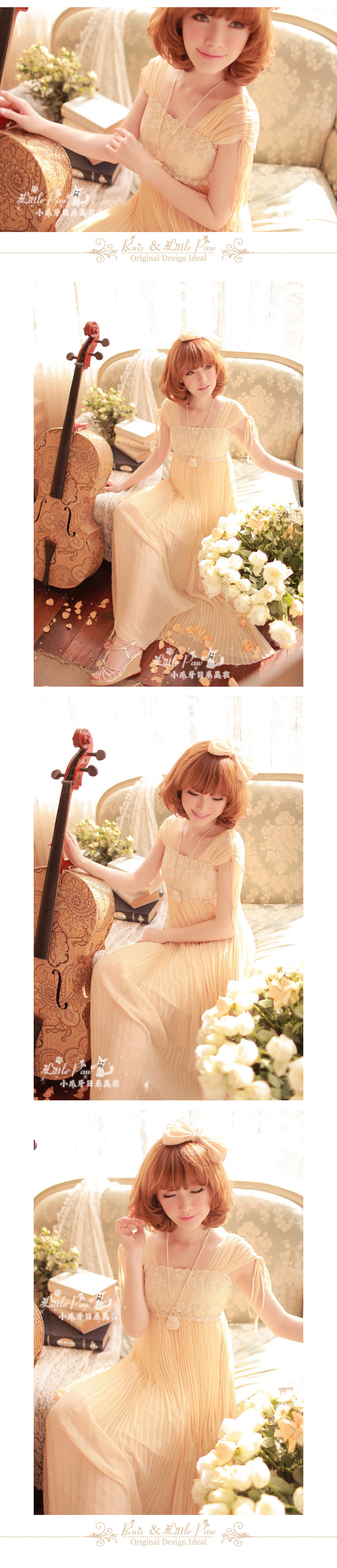 ชุดเดรสยาว ผ้าชีฟองสีฟองสีเหลือง กระโปรงอัดพลีต ส่งฟรี ems