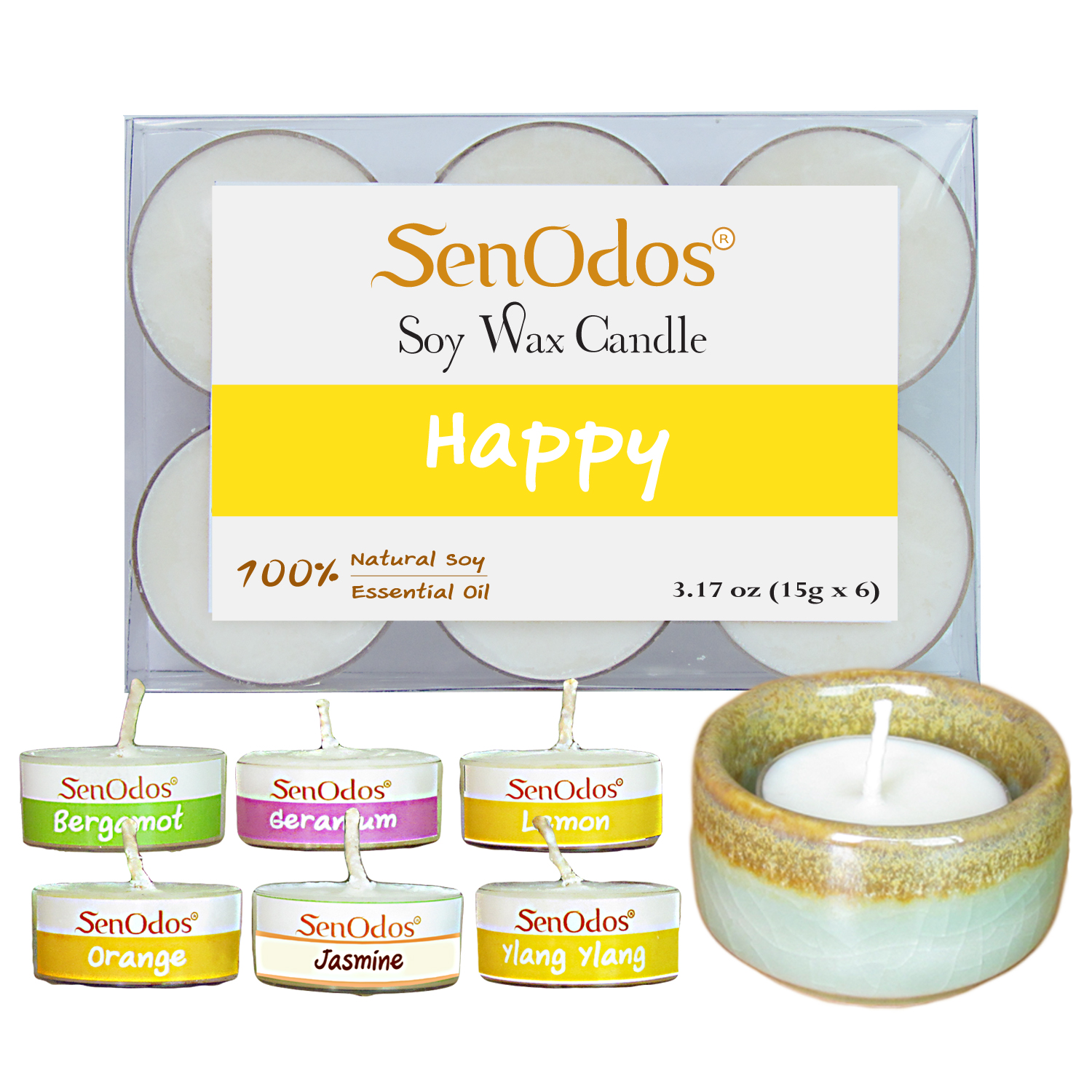 SenOdos Emotional Scented Soy Candles Aroma Happy (กลิ่นแห่งความสุข) เทียนหอมอโรม่า (แพ็ค 6 ชิ้น) + เชิงเทียน ที่วางเทียนทีไลท์ ศิลาดล (เซลาดล) สีเขียวหยกขอบทอง