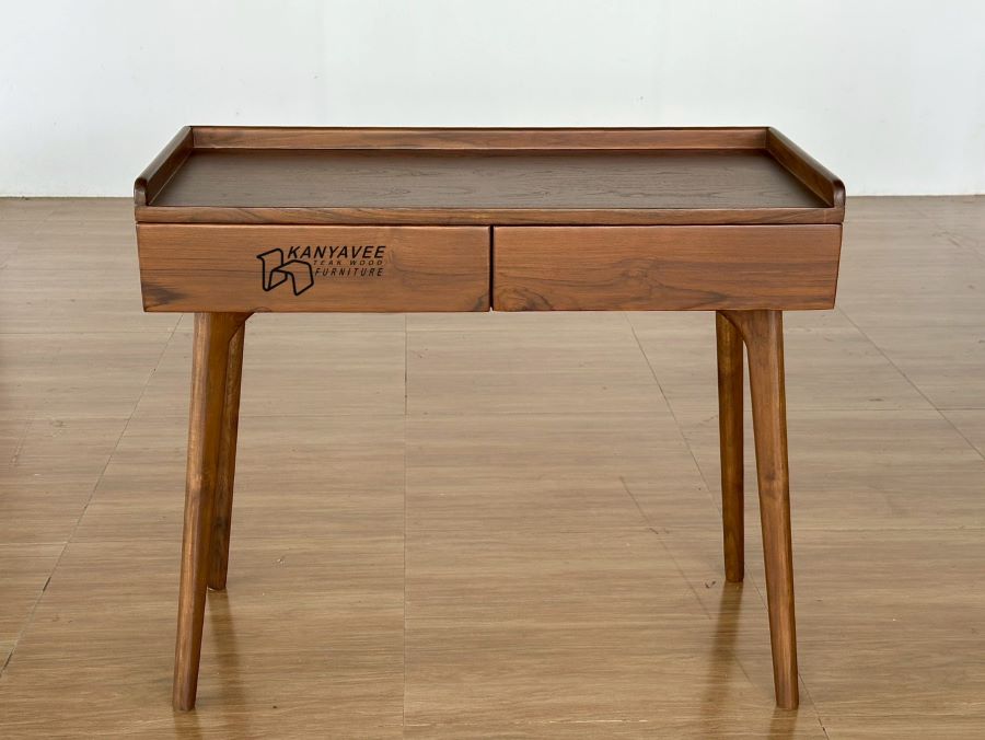 โต๊ะทำงานไม้สักมินิมอล สีวอลนัทเข้ม