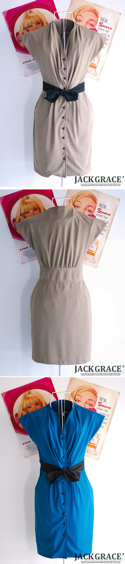 ชุดเดรสสีน้ำตาลอ่อน แต่งผ้าผูกเอวสีดำ ส่งฟรี ems