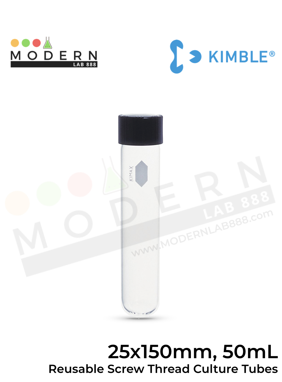 25 x 150mm, 50mL หลอดทดลองแบบหนาใช้ซ้ำได้พร้อมฝาเกลียว / Reusable Screw Thread Culture Tubes with Unattached Caps and Rubber Liners