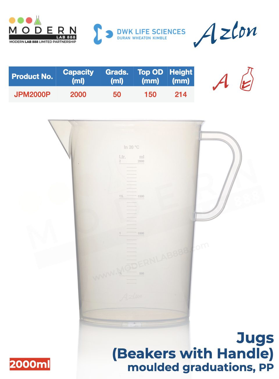 บีกเกอร์มีหูจับ พลาสติก PP แบบสเกลตัวนูน / Jug, moulded graduations, PP, "AZLON"