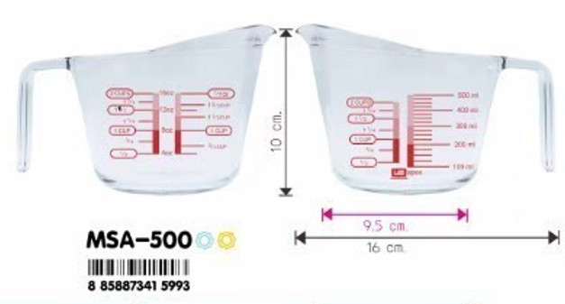 ถ้วยตวงแก้ว 500ml. มีสเกล MSA-500