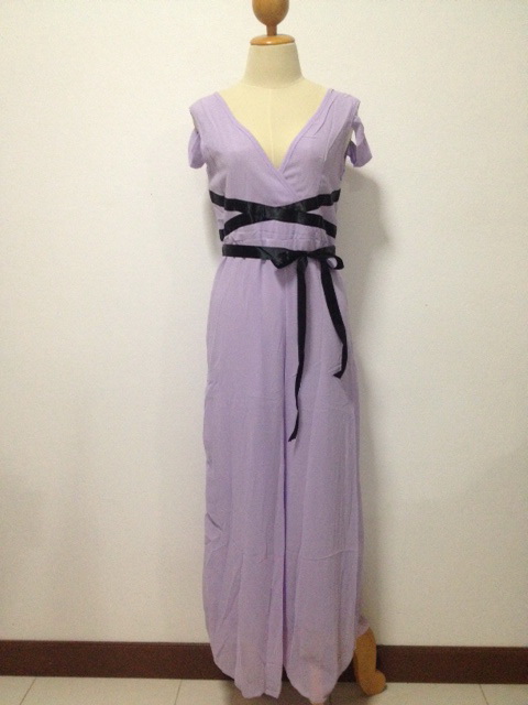 จั๊มสูทขายาวสีม่วง(สีฟ้าหมดค่ะ) ผ้าชีฟอง คอวี เปิดไหล่ ส่งฟรี ems