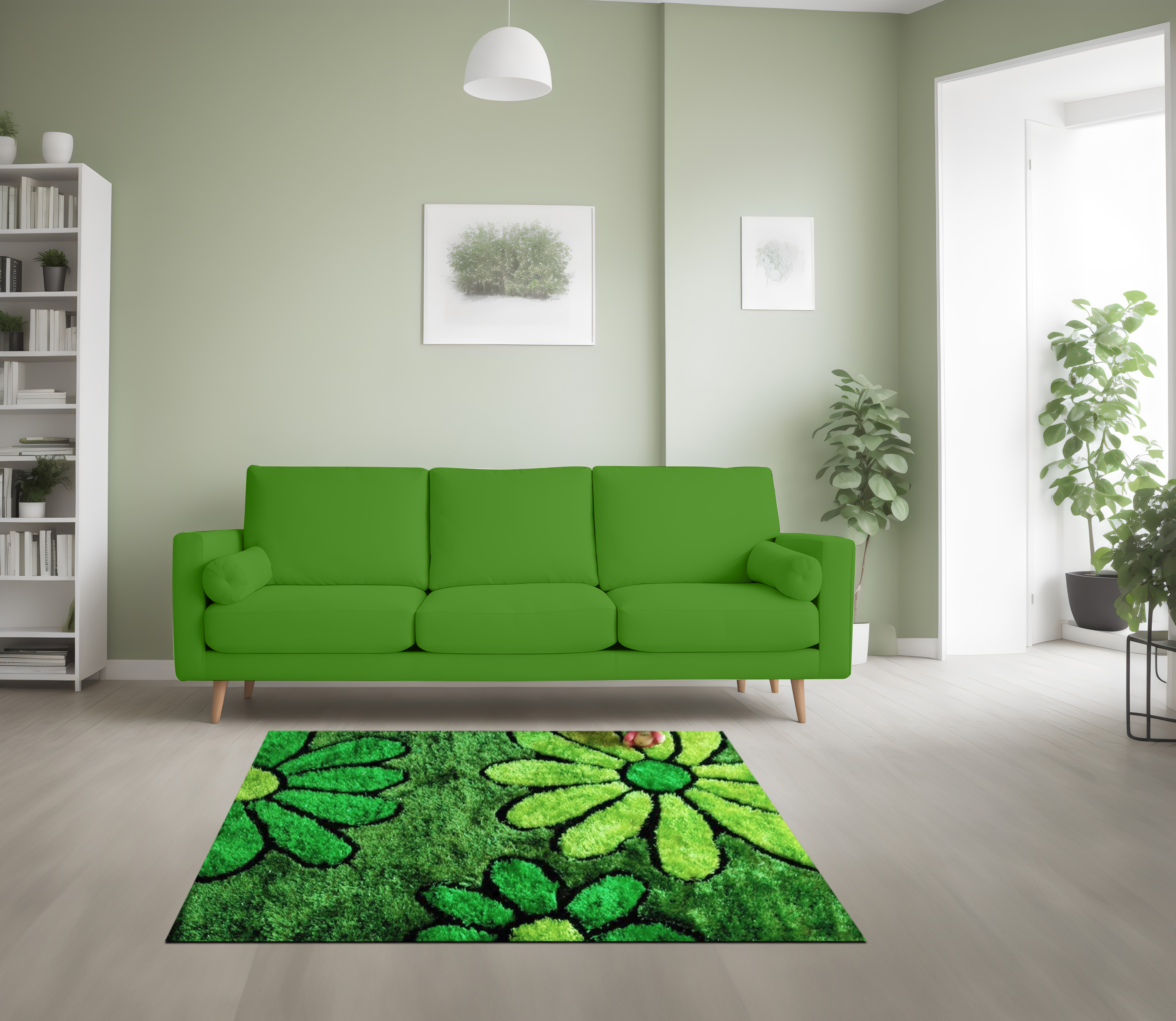 พรมแต่งบ้าน ขนฟูสวย ลายHGS054 สีน้ำเขียว ขนาด 1.20×1.70m.