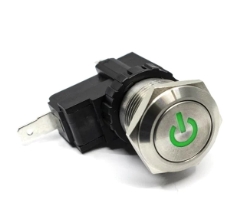 E-Switch Pushbutton Switches Anti-Vandal 19mm, 15A 125/250VAC, 1P ON-(ON), Stainless Steel, RED Ring LED, 12V, QC, IP67