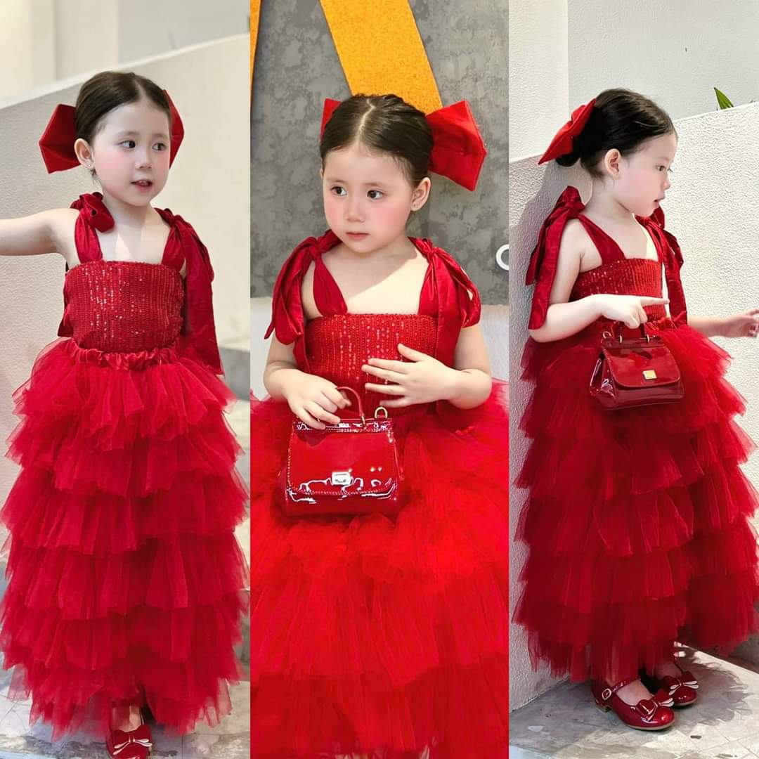 💜พร้อมส่ง💜ชุดเด็กผู้หญิง/JA104-ชุดเจ้าหญิงวิ้งสีแดงราตรียาวพร้อมโบว์