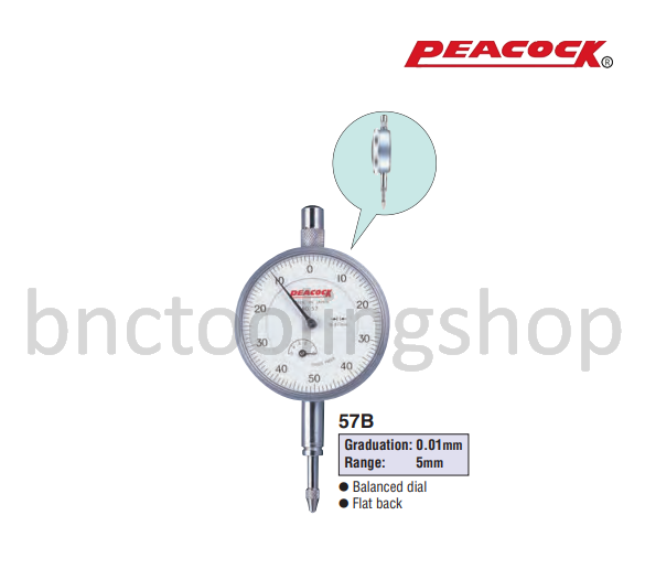 ไดอัลเกจขนาด 5มิล ความละเอียด 0.01มิล,Standard Dial Gauges Range 5mm Graduation 0.01mm,Peacock,57B