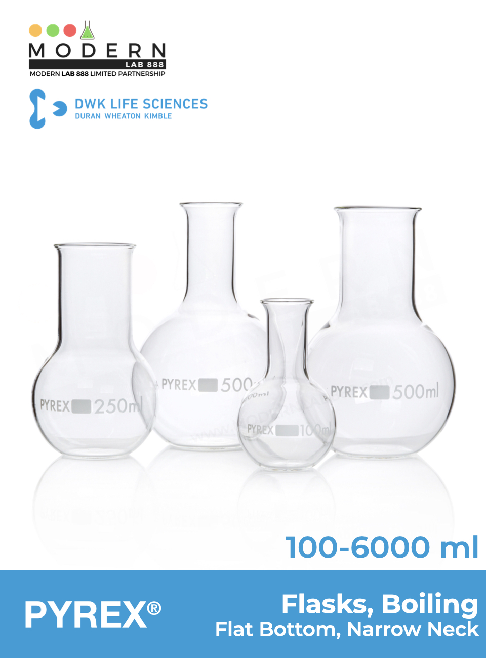 ขวดก้นแบน / Boiling Flasks, Flat Bottom, Narrow Neck, PYREX