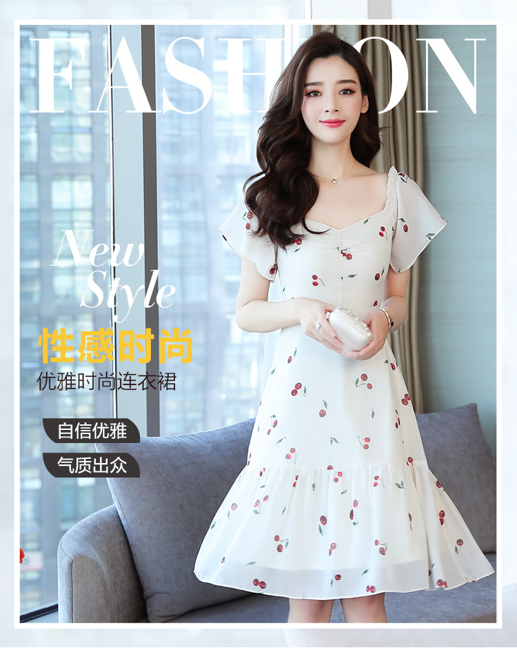 ชุดเดรสผ้าชีฟองเนื้อดี สีครีม พิมพ์ลาย cherry สีแดง น่ารักมากค่ะ ส่งฟรี ems