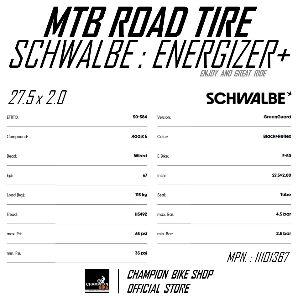 ยางเสือภูเขาทางเรียบ27.5x2.0 SCHWALBE : ENERGIZER+ 27.5x2.0 MTB ROAD TIRE / E-BIKE TIRE ขอบลวด มีกันหนาม