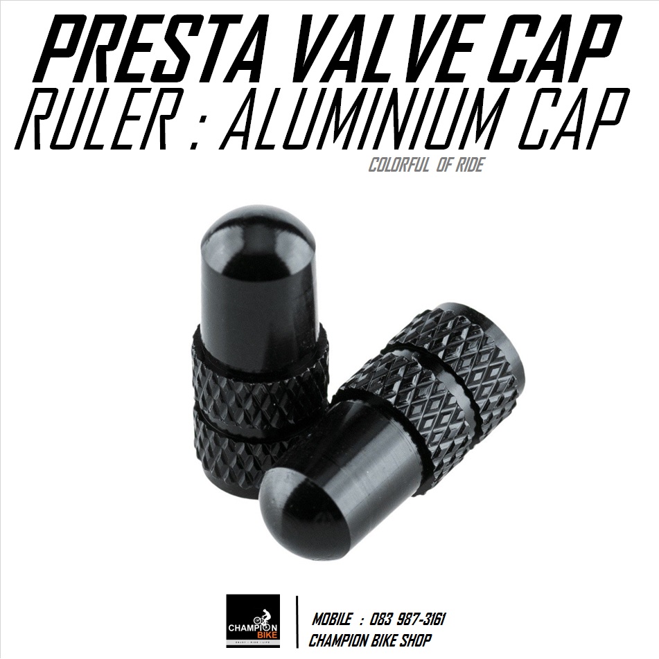 ฝาปิดจุกลมยางในจักรยาน วาล์วเล็ก RULER : ALUMINIUM PRESTA VALVE CAP สีดำเงา