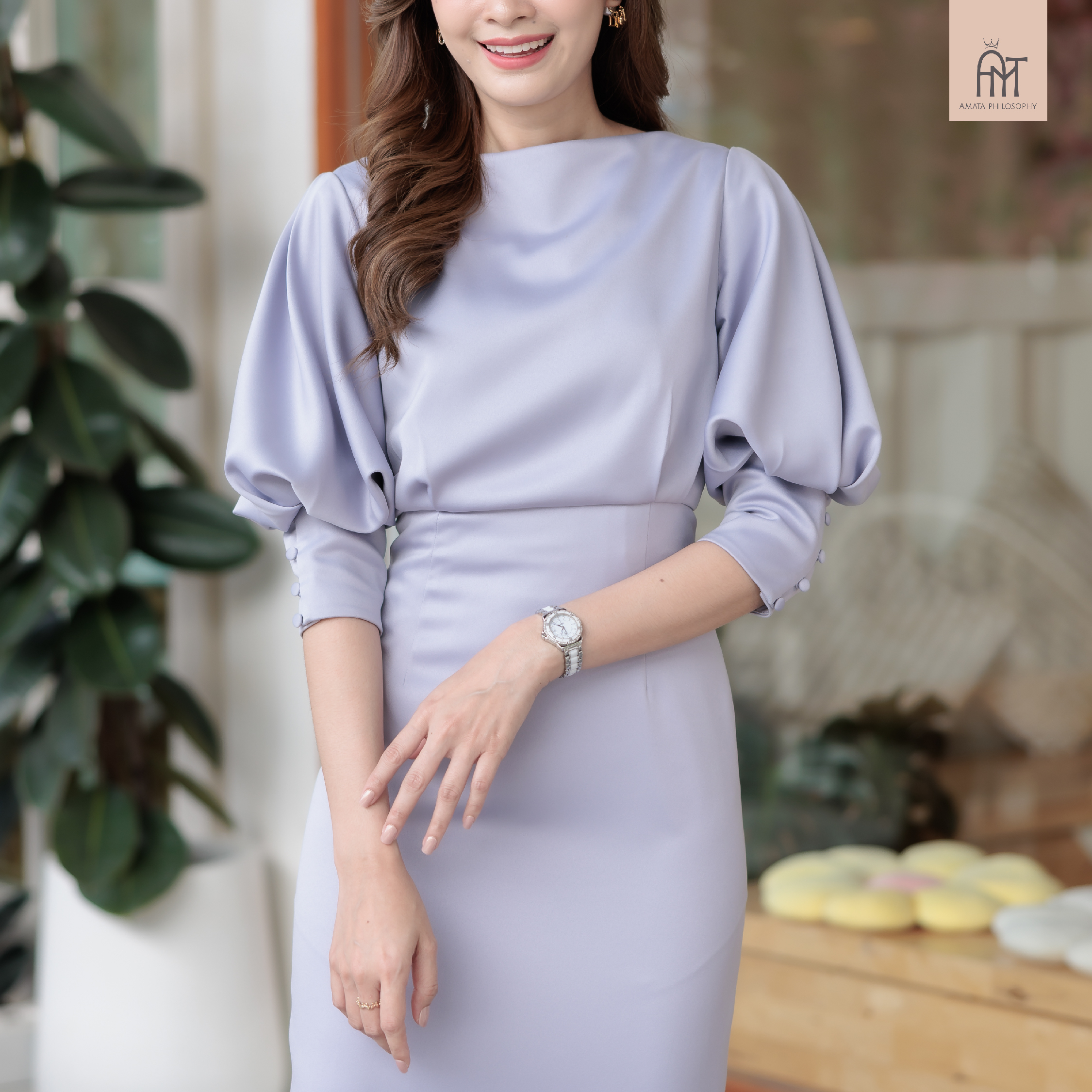 AMATA เดรสแขนพอง สีม่วง