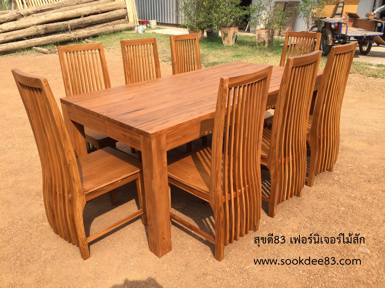 ชุดโต๊ะกินข้าวขาตรง 2 ม. เก้าอี้หลังยาว 8 ตัว