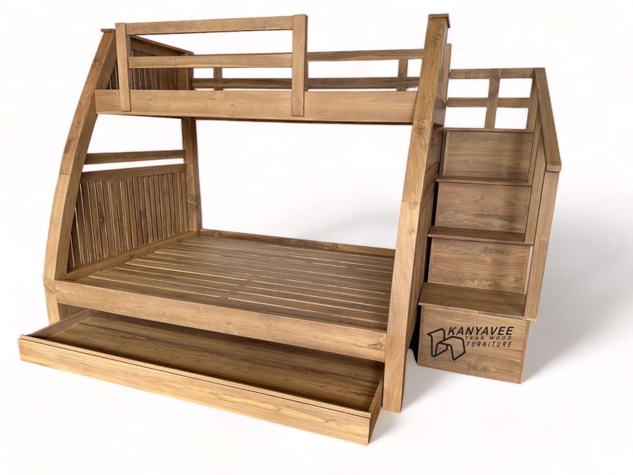 เตียงไม้สัก 2ชั้นมินิมอล สีมูจิ