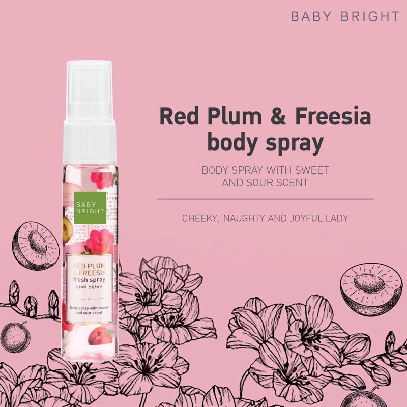 BABY BRIGHT Red Plum & Freesia Fresh Spray 20ML เบบี้ไบร์ท สเปรย์น้ำหอม สเปรย์บำรุงผิวกาย กลิ่นลูกพลัมสีแดง & ดอกฟรีเซีย กลิ่นหอมหวานซ่อนเปรี้ยว 20 มล.