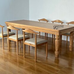 ชุดโต๊ะไม้สักขากลึง พร้อมเก้าอี้เบาะ 6 ที่นั่ง