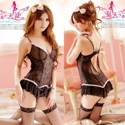 N334 ชุดนอนเซ็กซี่ ชุดนอนผ้าลูกไม้แต่งช่วงอกและชายด้วยผ้าซีทรู ตัวชุดสวมใส่แบบใช้คล้องไหล่สามารถถอด-ใส่สายรั้งถุงน่องที่มีมาให้ได้ค่ะ ***พอดีหุ่นขยายได้อีกเล็กน้อย ไม่มีถุงน่อง