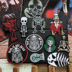 โครงกระดูก ปีศาจ ตัวรีดติดเสื้อ อาร์มรีด อาร์มปัก ตกแต่งเสื้อผ้า หมวก กระเป๋า แจ๊คเก็ตยีนส์ Dark Embroidered Iron on Patch