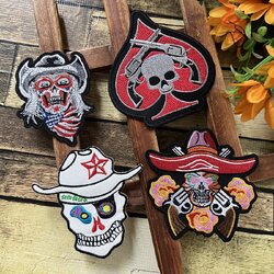 cowboy กะโหลก ตัวรีดติดเสื้อ อาร์มรีด อาร์มปัก ตกแต่งเสื้อผ้า หมวก กระเป๋า แจ๊คเก็ตยีนส์ Dark Embroidered Iron on Patch