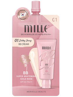 (แบบซอง) MILLE Super Whitening Gold Rose BB Cream SPF30 PA++ 6G. #01 Silky Ivory MILLE บีบีครีม บีบีเบาสบายผิว เนียนเรียบ กระจ่างใส สี 01 Silky Ivory