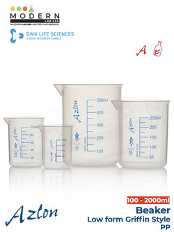 บีกเกอร์ พลาสติก PP สเกลสีฟ้า / Beaker, low form griffin style, Blue scale, PP, "AZLON"