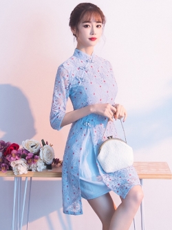 ชุดเดรสคอจีนสีฟ้า ผ้าลูกไม้เนื้อดีลายดอกไม้ พิมพ์ลายจุดเล็กๆๆสีแดง ส่งฟรี ems