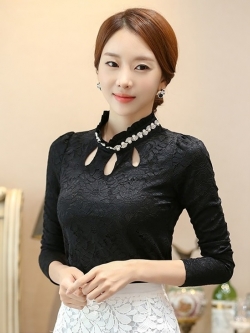 เสื้อผ้าลูกไม้สีดำ แขนยาว เสื้อใส่ทำงาน ส่งฟรี ems