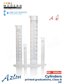 กระบอกตวง พลาสติก PP แบบสเกลสีฟ้า / Cylinder, printed graduations, class B, PP, "AZLON"