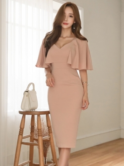 ชุดเดรสออกงานสีชมพูกะปิ ส่งฟรี ems