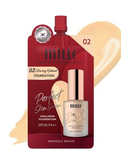 (แบบซอง) MILLE PERFECT SKIN SERUM HYALURON FOUNDATION SPF30 PA++ 6G. #02 GLOWING NATURAL MILLE รองพื้นเซรั่ม สูตรแมท เนื้อบางเบา ปกปิดสูง สี 02 GLOWING NATURAL ผิวสองสี