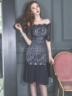 ชุดเดรสสีน้ำเงิน ชุดเดรสออกงาน ผ้าลูกไม้สีน้ำเงิน ส่งฟรี