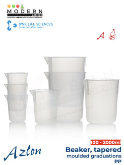 บีกเกอร์ พลาสติก PP แบบสเกลตัวนูน / Beaker, tapered, moulded graduations, PP, "AZLON"