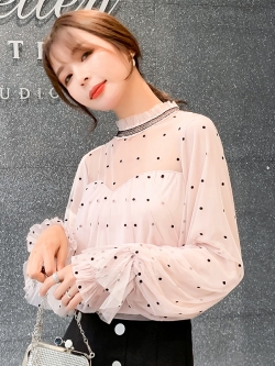 เสื้อสีชมพูอ่อน ลายจุดเล็กๆๆสีดำ เสื้อใส่ทำงานสวยๆๆ ส่งฟรี ems