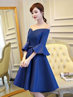 ชุดเดรสออกงานสีน้ำเงิน ดีไซน์สวย เปิดไหล่ แขนยาวสี่ส่วน ปลายแขนระบาย ส่งฟรี ems