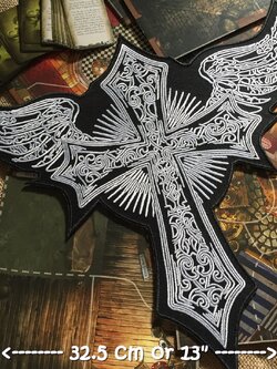 กางเขนกางปีกบิน แนวโกธิค ตัวรีดติดเสื้อ อาร์มรีดติดเสื้อ อาร์มปัก ตกแต่งเสื้อผ้า Embroidered Iron on Patch ขนาดใหญ่
