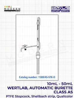 Automatic Burette, PTFE Stopcock, Shellbach strip, Class AS with Batch Certificate, WERTLAB