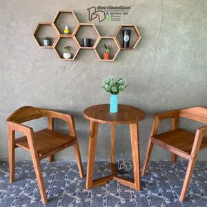 โต๊ะกลมกาแฟเก้าอี้อาร์มแชร์มินิมอลไม้สัก