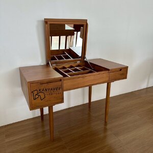 โต๊ะทำงาน/โต๊ะเครื่องแป้งไม้สักมินิมอล สีสักด้าน พร้อมกระจก
