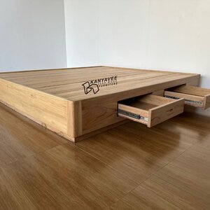 เตียงลิ้นชักไม้สักไม่มีหัวเตียงสไตล์ญี่ปุ่น 6 ฟุต สีมูจิ