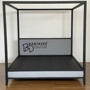 เตียงนอนไม้สักเสามุ้งบุเบาะผ้า 6 ฟุต