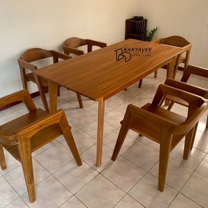 โต๊ะมินิมอลเก้าอี้อาร์มแชร์ไม้สัก