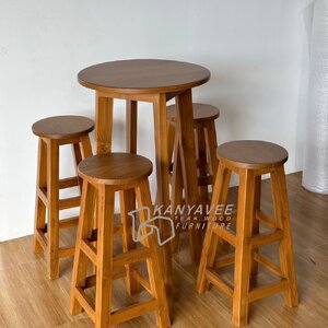 ชุดโต๊ะบาร์กลมไม้สัก สีสักทอง