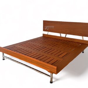 เตียงไม้สักขาสแตนเลส สีสักเข้ม