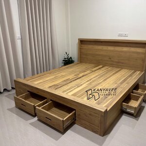 เตียงไม้สักมีลิ้นชักฐานทึบ 6 ฟุต