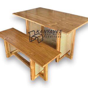 โต๊ะไม้สักอบแห้งมินิมอลประดับหวาย