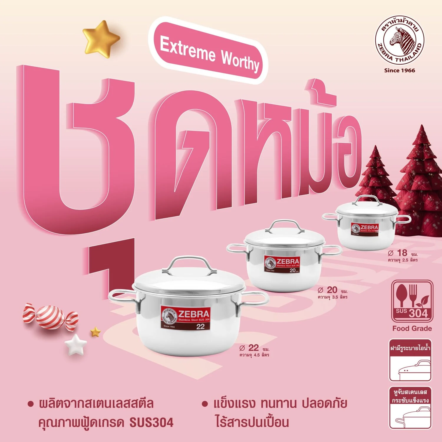 Zebra ชุดหม้อ Extreme Worthy 18/20/22 ซม. ตราหัวม้าลาย Zebra